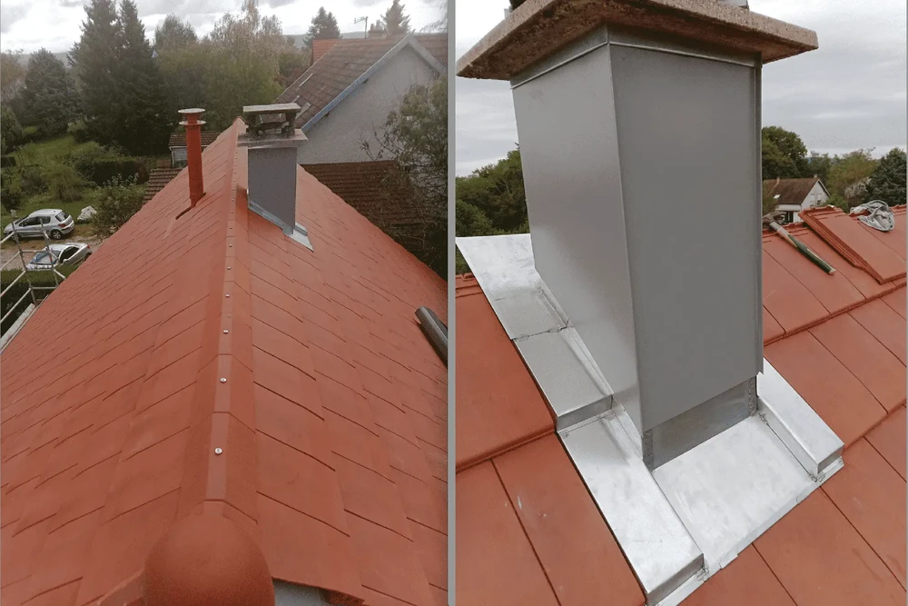 Toiture en tuiles mécaniques terre cuite avec cheminée maçonnée, vue extérieure sous ciel nuageux