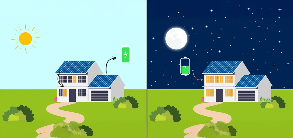 Scène extérieure montrant une installation de panneaux solaires photovoltaïques montés sur une toiture en tuiles terre cuite