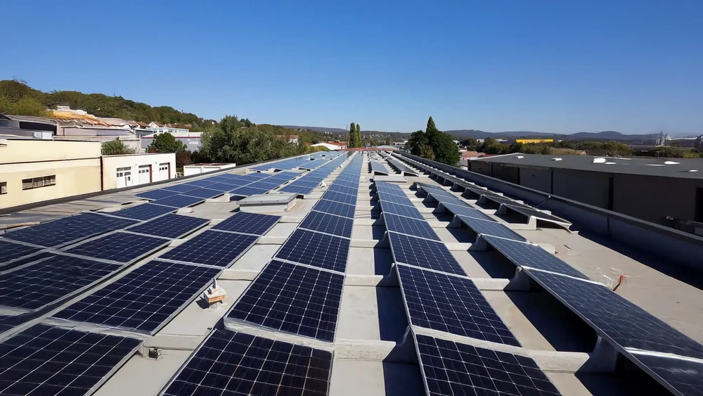 Scène extérieure montrant une installation de panneaux solaires photovoltaïques sous un ciel partiellement nuageux