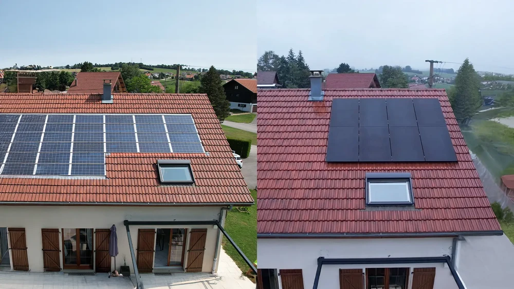 Maison résidentielle avec panneaux solaires photovoltaïques sur toiture, illustration jour/nuit montrant le cycle de production et consommation énergétique