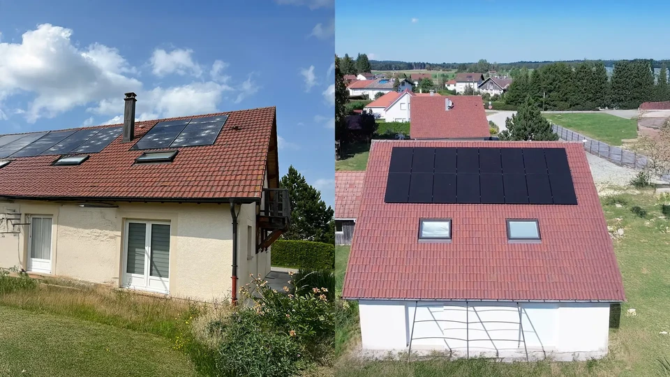 Maison résidentielle avec toiture en tuiles rouges équipée de panneaux solaires photovoltaïques