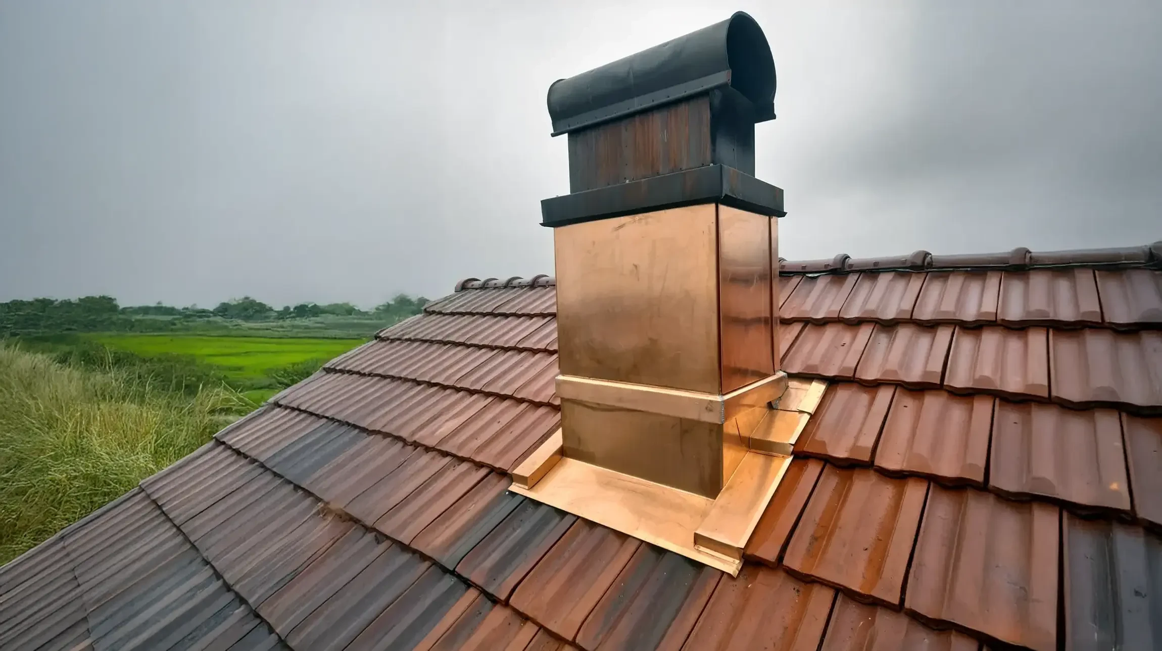 Extérieur, vue en contre-plongée d'une toiture en construction sous ciel bleu azur